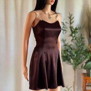 Vtg Y2K‎ Jessica McClintock Gunne Sax Brown Satin Mini Dress Daisy Straps Sz 5/6